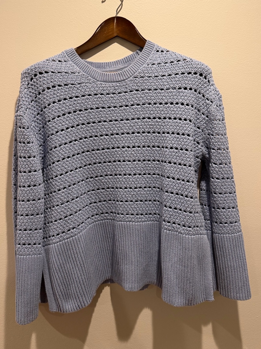 GAP Petite Women's Periwinkle Blue Open-Knit Crochet Crew Sweater